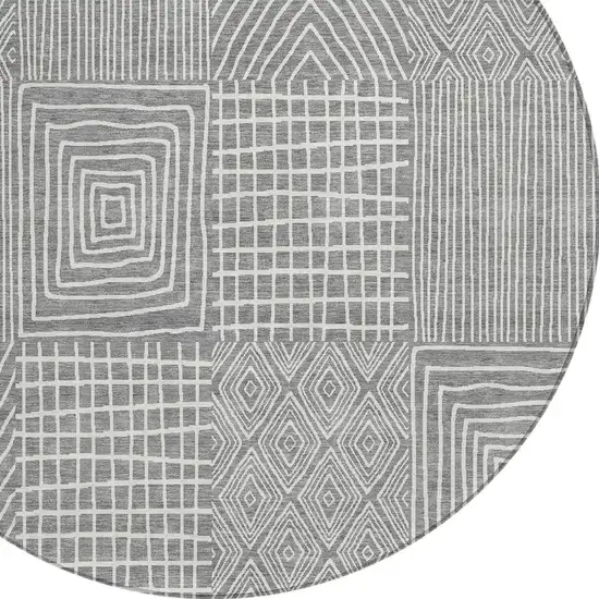 8' Gray And Ivory Round Geometric Washable Indoor Outdoor Area Rug Photo 4