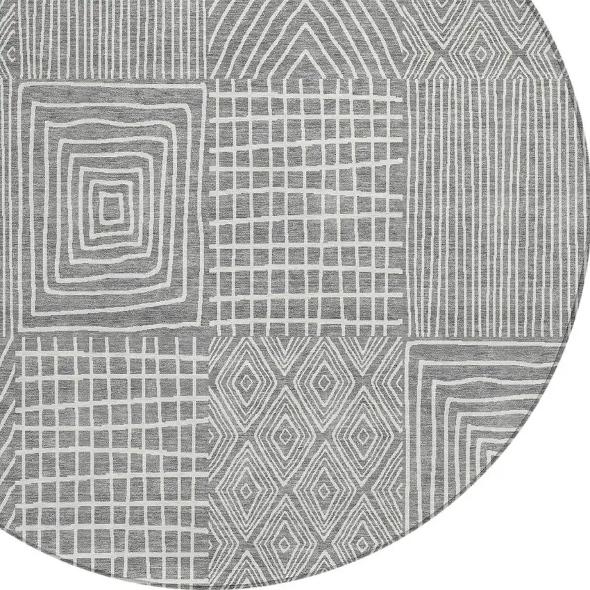 8' Gray And Ivory Round Geometric Washable Indoor Outdoor Area Rug Photo 4