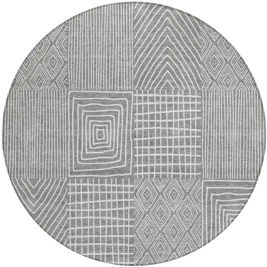 8' Gray And Ivory Round Geometric Washable Indoor Outdoor Area Rug Photo 2