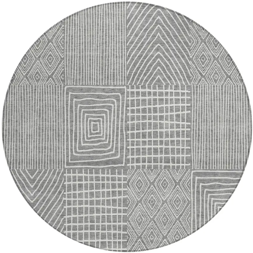 8' Gray And Ivory Round Geometric Washable Indoor Outdoor Area Rug Photo 2
