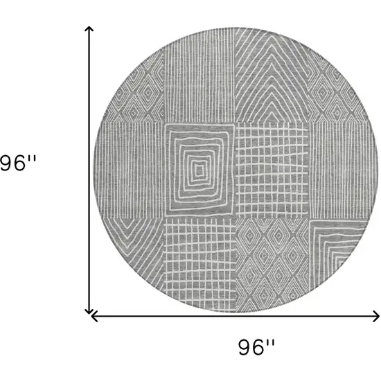 8' Gray And Ivory Round Geometric Washable Indoor Outdoor Area Rug Photo 3