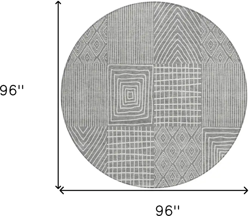 8' Gray And Ivory Round Geometric Washable Indoor Outdoor Area Rug Photo 3