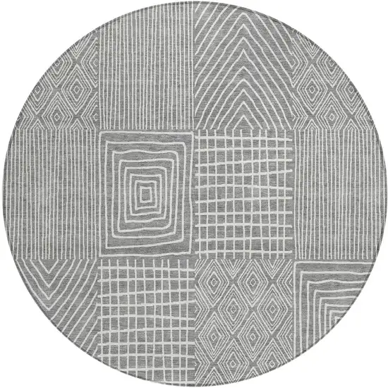 8' Gray And Ivory Round Geometric Washable Indoor Outdoor Area Rug Photo 5