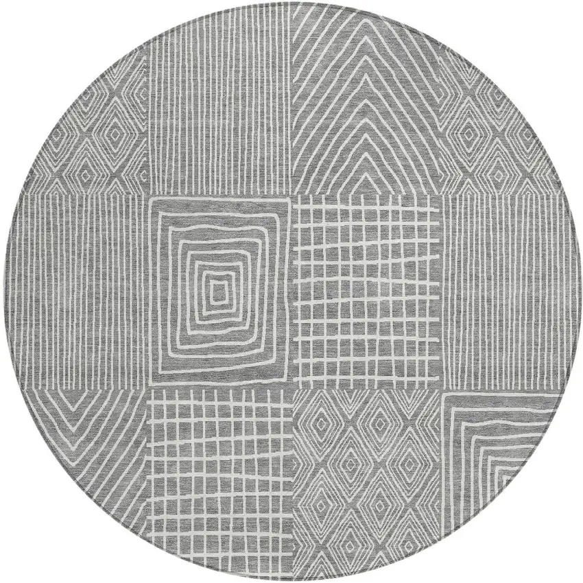 8' Gray And Ivory Round Geometric Washable Indoor Outdoor Area Rug Photo 5