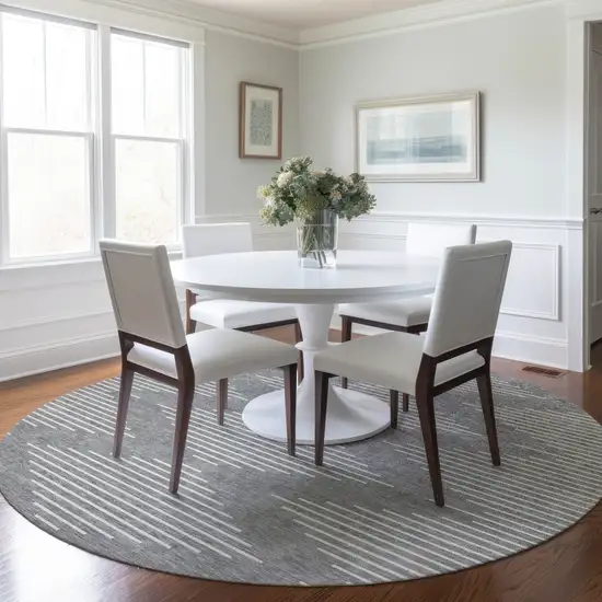 8' Gray And Ivory Round Geometric Washable Indoor Outdoor Area Rug Photo 6