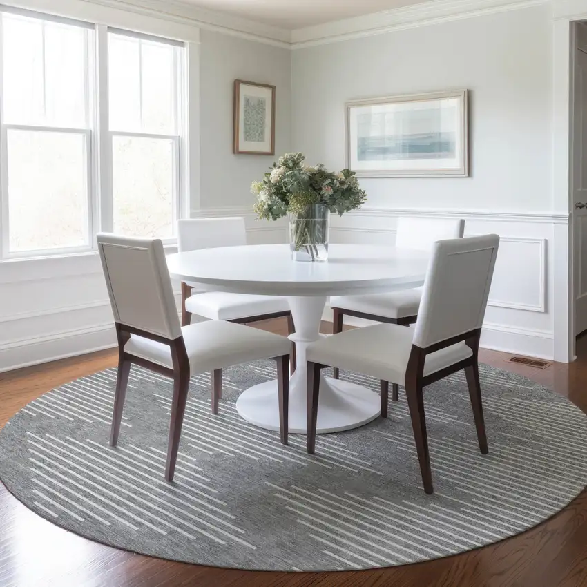 8' Gray And Ivory Round Geometric Washable Indoor Outdoor Area Rug Photo 6