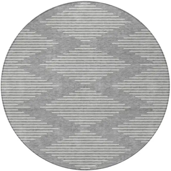 8' Gray And Ivory Round Geometric Washable Indoor Outdoor Area Rug Photo 4