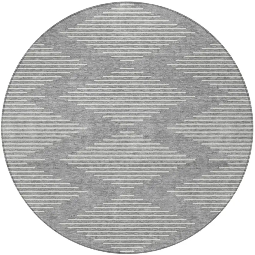 8' Gray And Ivory Round Geometric Washable Indoor Outdoor Area Rug Photo 4
