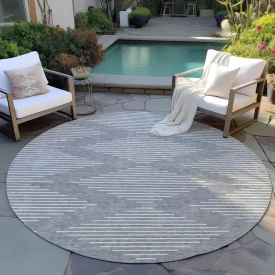 8' Gray And Ivory Round Geometric Washable Indoor Outdoor Area Rug Photo 5