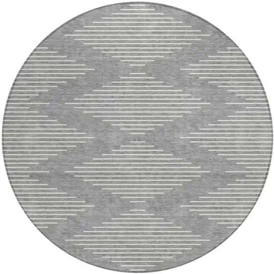 8' Gray And Ivory Round Geometric Washable Indoor Outdoor Area Rug Photo 2