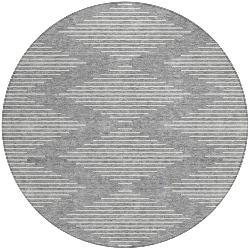 8' Gray And Ivory Round Geometric Washable Indoor Outdoor Area Rug Photo 2