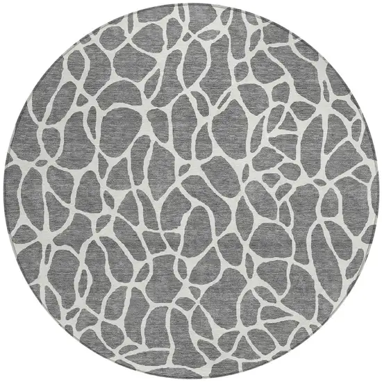 8' Gray And Ivory Round Geometric Washable Indoor Outdoor Area Rug Photo 5