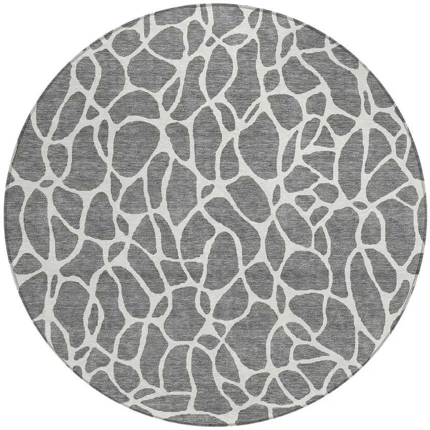 8' Gray And Ivory Round Geometric Washable Indoor Outdoor Area Rug Photo 5