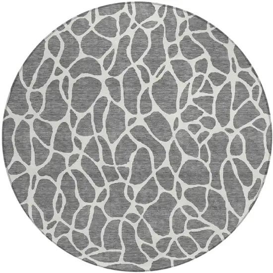 8' Gray And Ivory Round Geometric Washable Indoor Outdoor Area Rug Photo 2