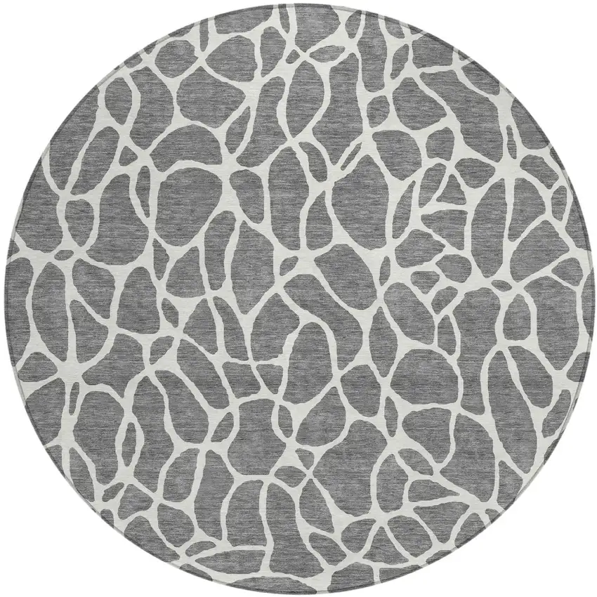 8' Gray And Ivory Round Geometric Washable Indoor Outdoor Area Rug Photo 2