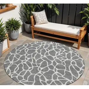 Photo of 8' Gray And Ivory Round Geometric Washable Indoor Outdoor Area Rug