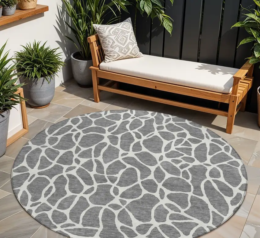 8' Gray And Ivory Round Geometric Washable Indoor Outdoor Area Rug Photo 1