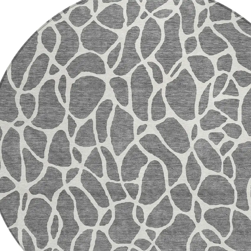 8' Gray And Ivory Round Geometric Washable Indoor Outdoor Area Rug Photo 4