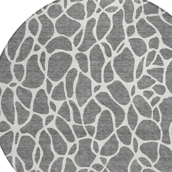 8' Gray And Ivory Round Geometric Washable Indoor Outdoor Area Rug Photo 4