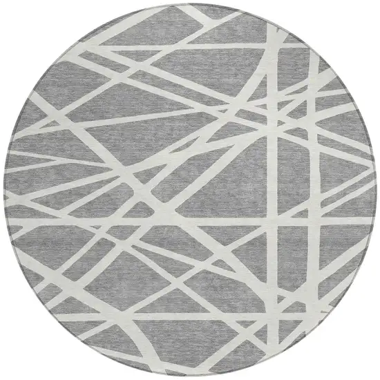 8' Gray And Ivory Round Geometric Washable Indoor Outdoor Area Rug Photo 6