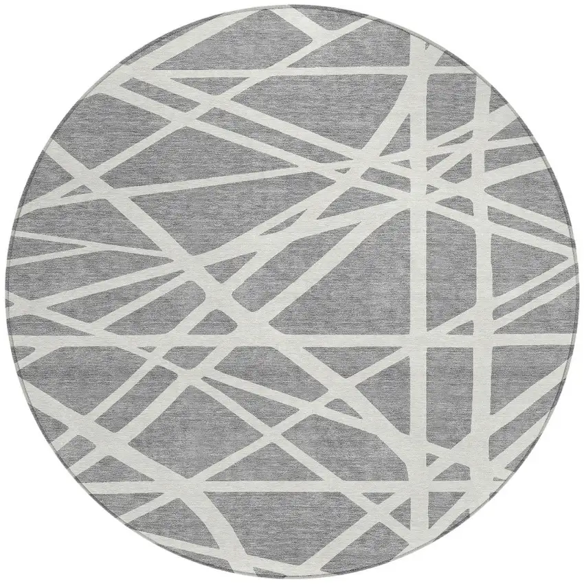 8' Gray And Ivory Round Geometric Washable Indoor Outdoor Area Rug Photo 6