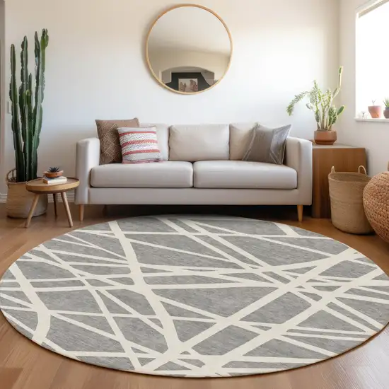 8' Gray And Ivory Round Geometric Washable Indoor Outdoor Area Rug Photo 8