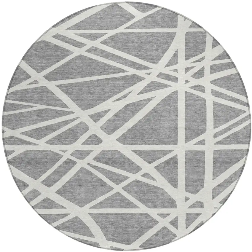 8' Gray And Ivory Round Geometric Washable Indoor Outdoor Area Rug Photo 2