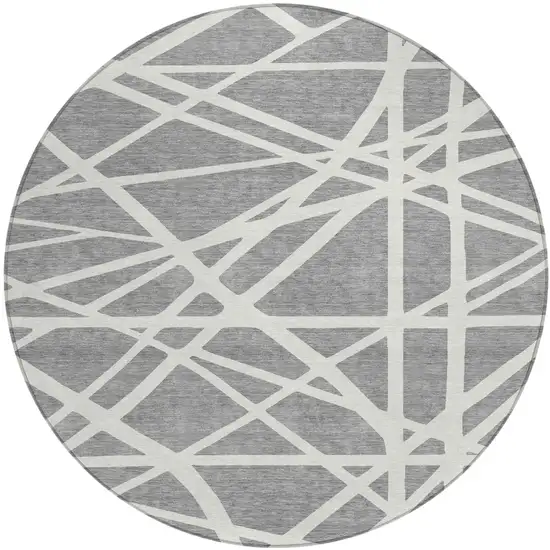 8' Gray And Ivory Round Geometric Washable Indoor Outdoor Area Rug Photo 2