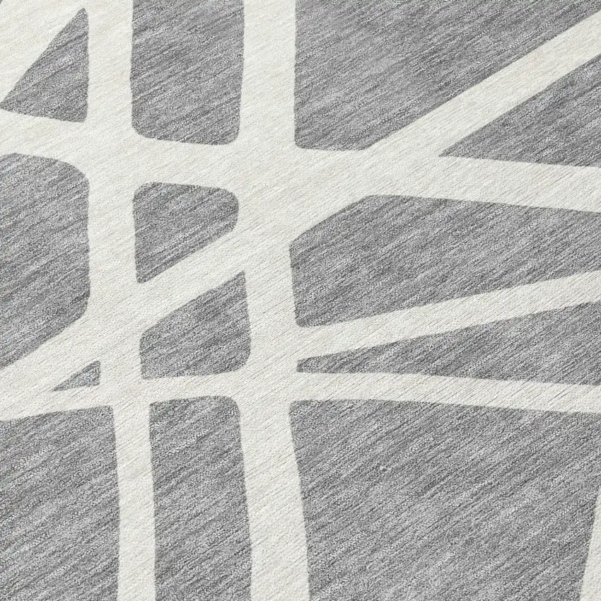 8' Gray And Ivory Round Geometric Washable Indoor Outdoor Area Rug Photo 5