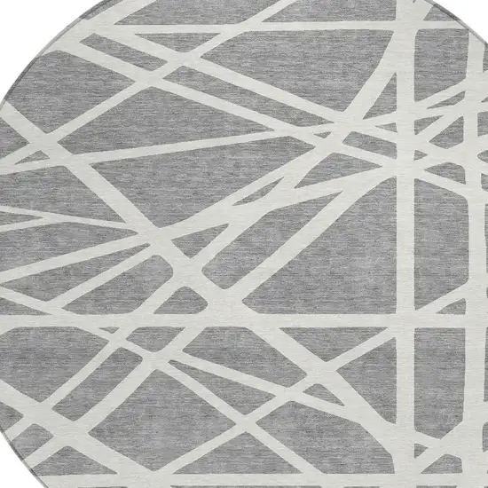 8' Gray And Ivory Round Geometric Washable Indoor Outdoor Area Rug Photo 4