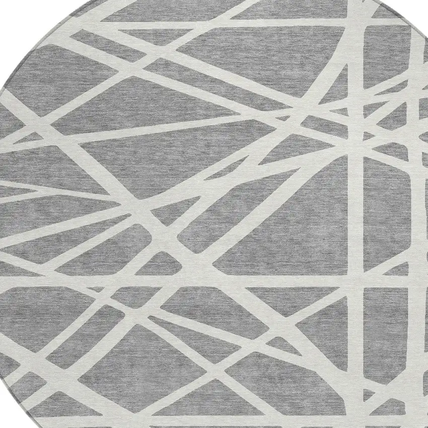 8' Gray And Ivory Round Geometric Washable Indoor Outdoor Area Rug Photo 4