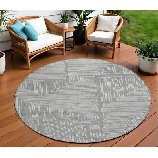 8' Gray And Ivory Round Geometric Washable Indoor Outdoor Area Rug Photo 1