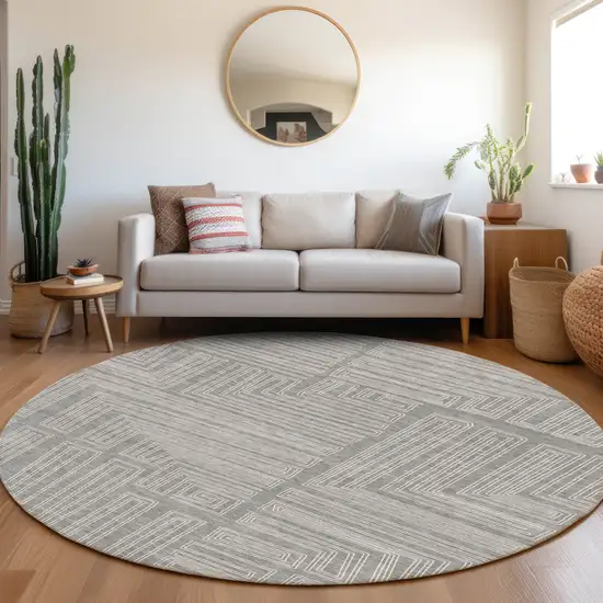 8' Gray And Ivory Round Geometric Washable Indoor Outdoor Area Rug Photo 8