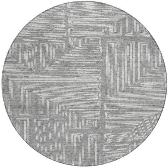8' Gray And Ivory Round Geometric Washable Indoor Outdoor Area Rug Photo 6