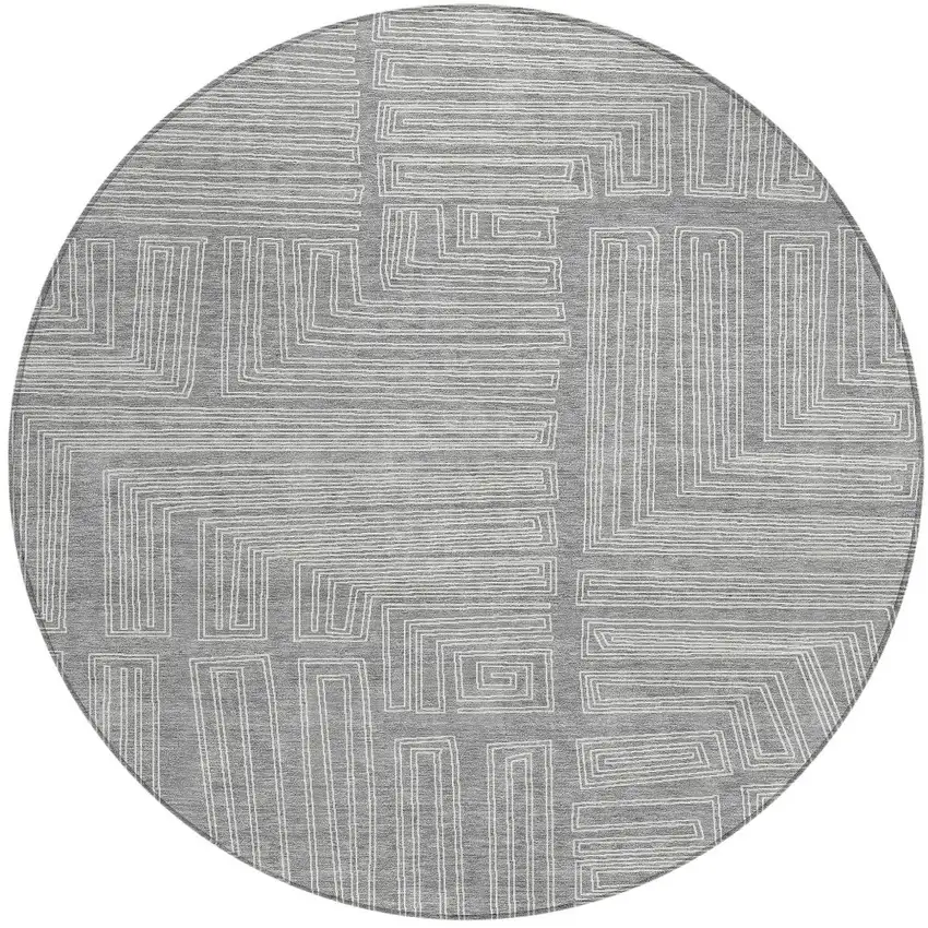 8' Gray And Ivory Round Geometric Washable Indoor Outdoor Area Rug Photo 6