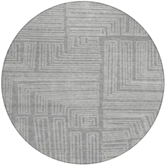 8' Gray And Ivory Round Geometric Washable Indoor Outdoor Area Rug Photo 2