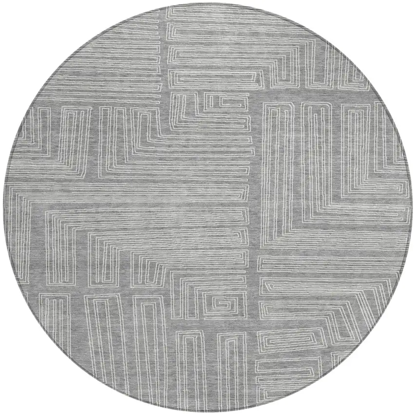 8' Gray And Ivory Round Geometric Washable Indoor Outdoor Area Rug Photo 2