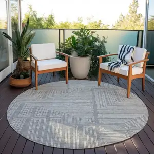 Photo of 8' Gray And Ivory Round Geometric Washable Indoor Outdoor Area Rug