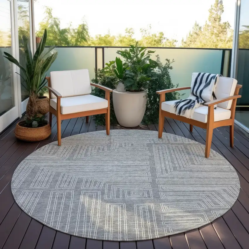 8' Gray And Ivory Round Geometric Washable Indoor Outdoor Area Rug Photo 7