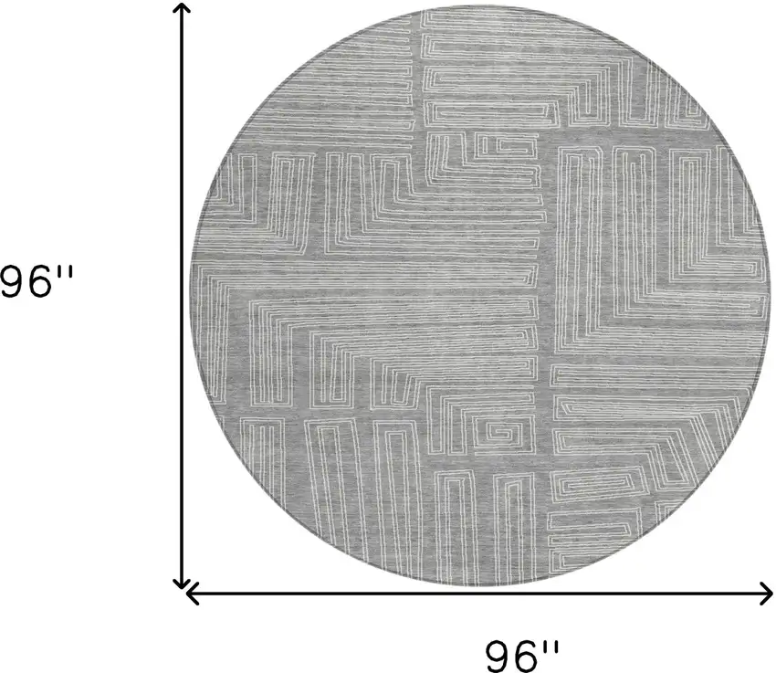 8' Gray And Ivory Round Geometric Washable Indoor Outdoor Area Rug Photo 9