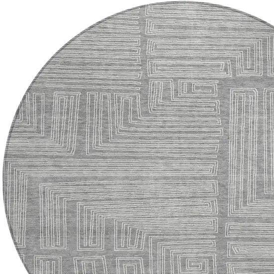 8' Gray And Ivory Round Geometric Washable Indoor Outdoor Area Rug Photo 5