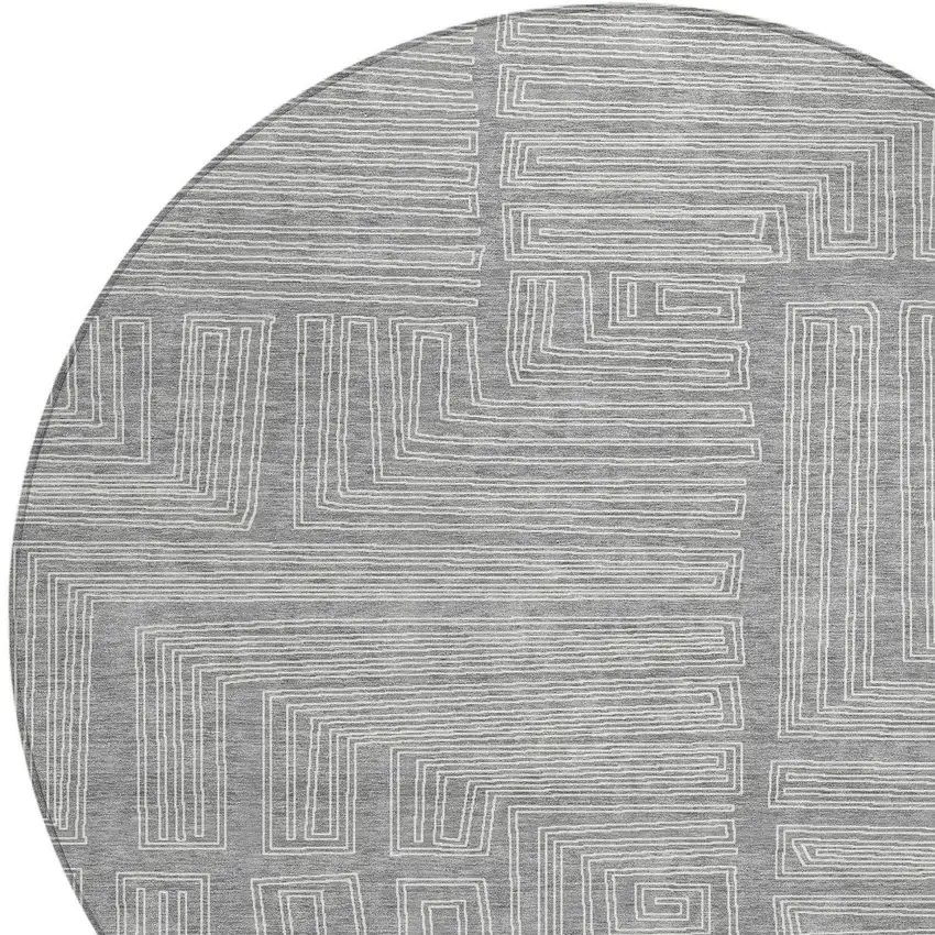 8' Gray And Ivory Round Geometric Washable Indoor Outdoor Area Rug Photo 5