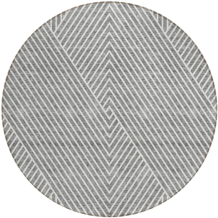 8' Gray And Ivory Round Geometric Washable Indoor Outdoor Area Rug Photo 2