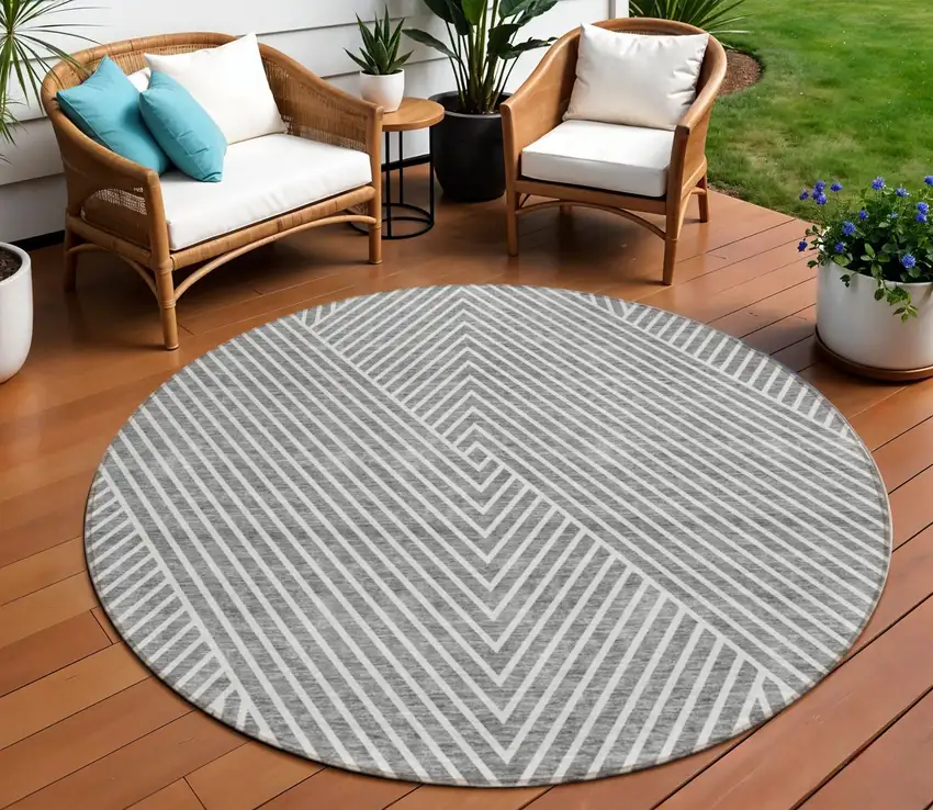 8' Gray And Ivory Round Geometric Washable Indoor Outdoor Area Rug Photo 1