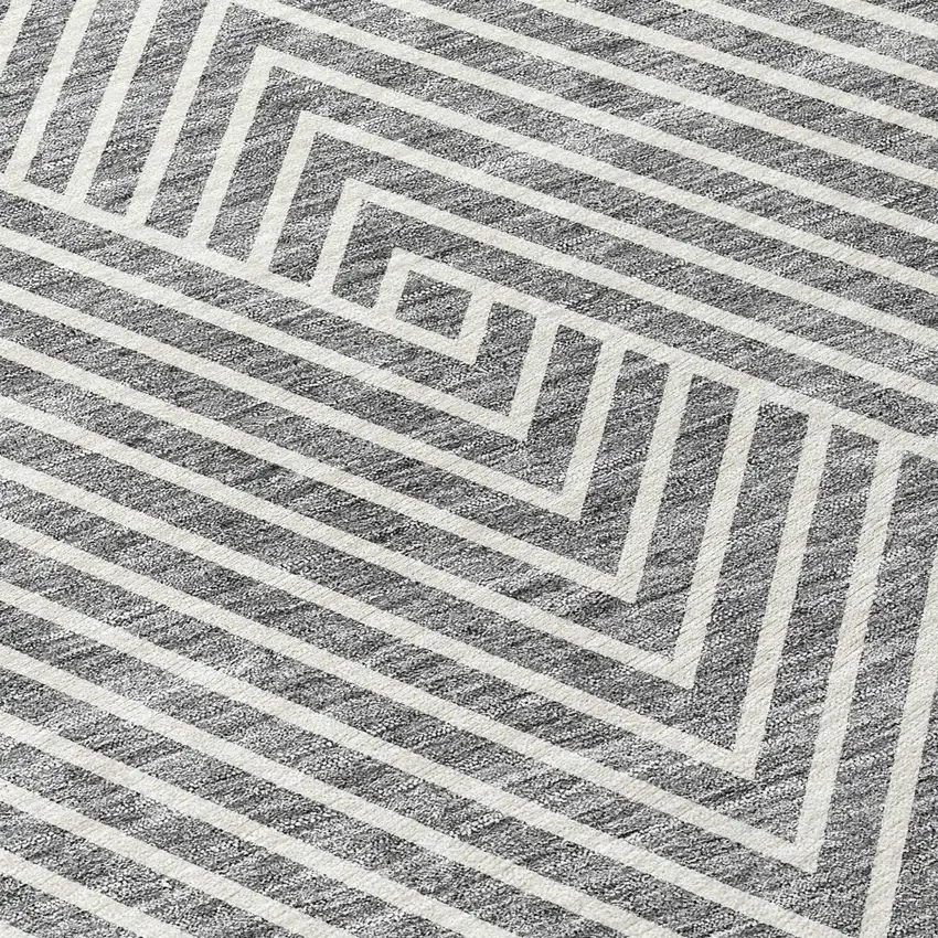 8' Gray And Ivory Round Geometric Washable Indoor Outdoor Area Rug Photo 8