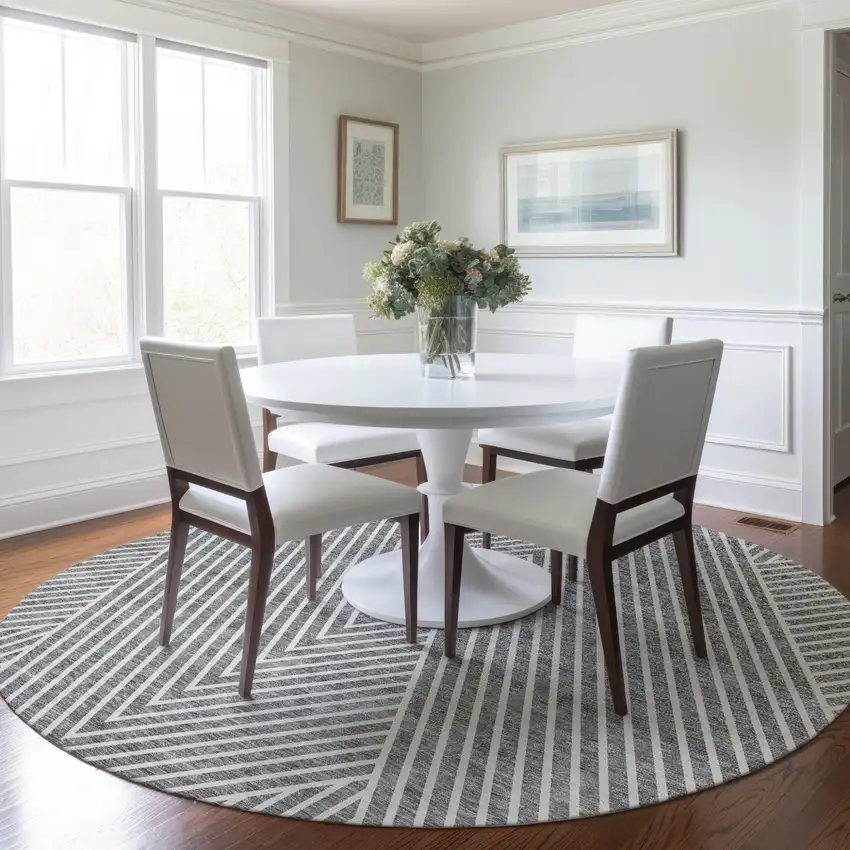 8' Gray And Ivory Round Geometric Washable Indoor Outdoor Area Rug Photo 7