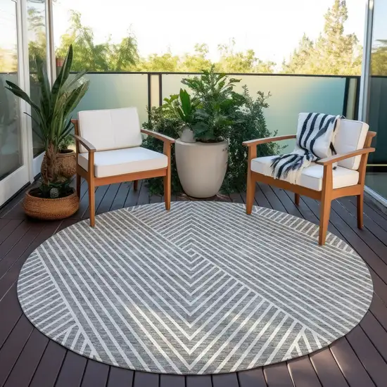 8' Gray And Ivory Round Geometric Washable Indoor Outdoor Area Rug Photo 6