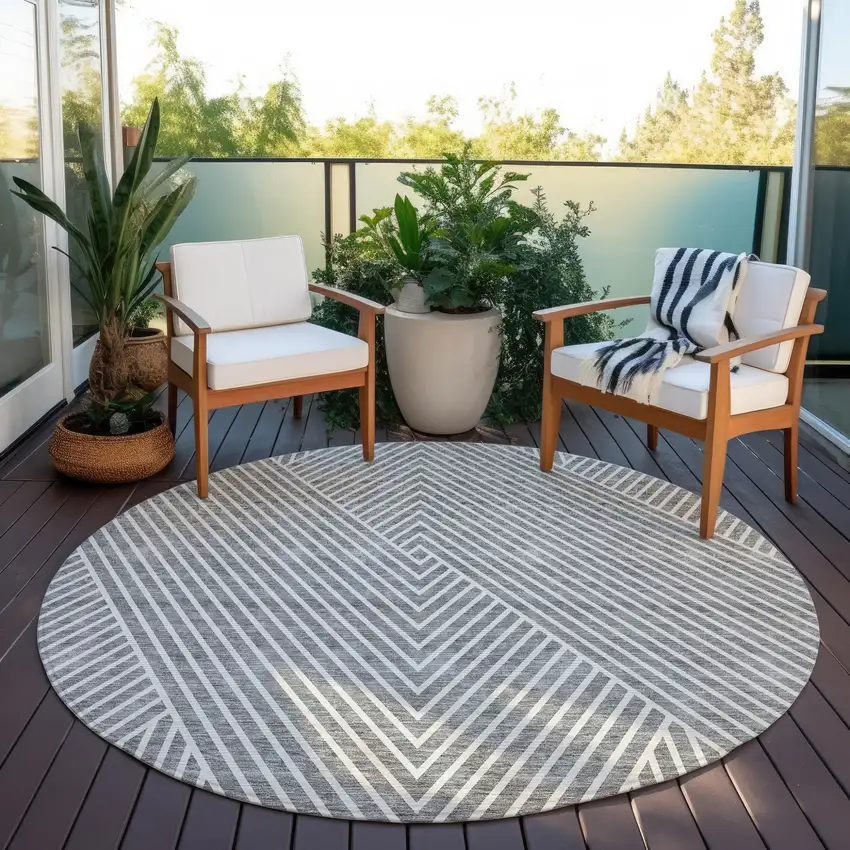 8' Gray And Ivory Round Geometric Washable Indoor Outdoor Area Rug Photo 6