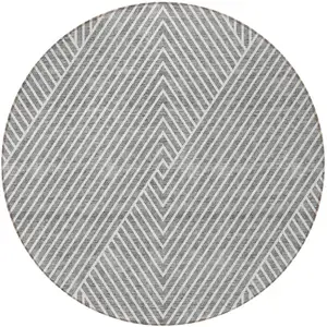 Photo of 8' Gray And Ivory Round Geometric Washable Indoor Outdoor Area Rug