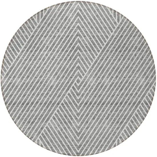 8' Gray And Ivory Round Geometric Washable Indoor Outdoor Area Rug Photo 5